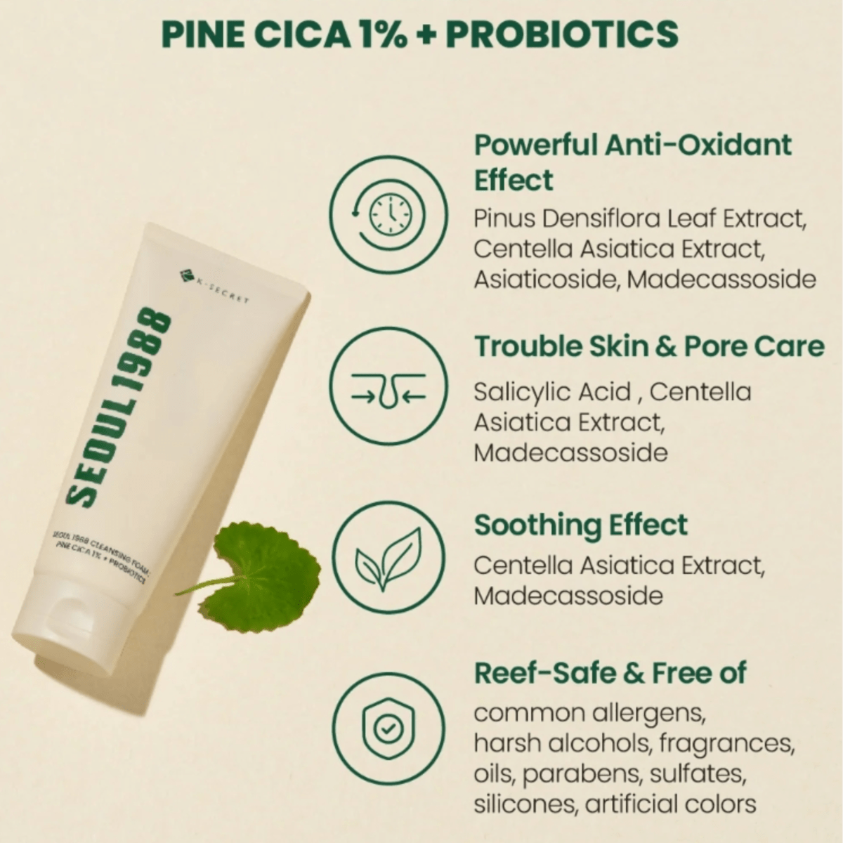 KSECRET Cleansing Foam 150ml KSECRET SEOUL 1988 Cleansing Foam : Pine Cica 1% + Probiotics