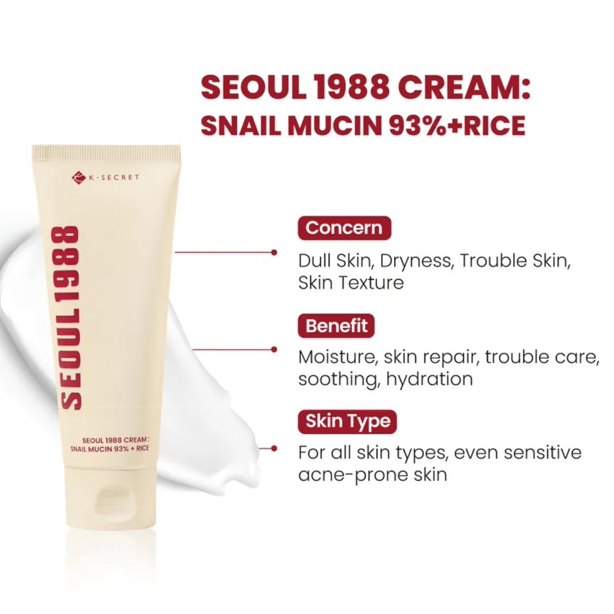 KSECRET Cream 100ml KSECRET SEOUL 1988 Cream : Snail Mucin 93% + Rice