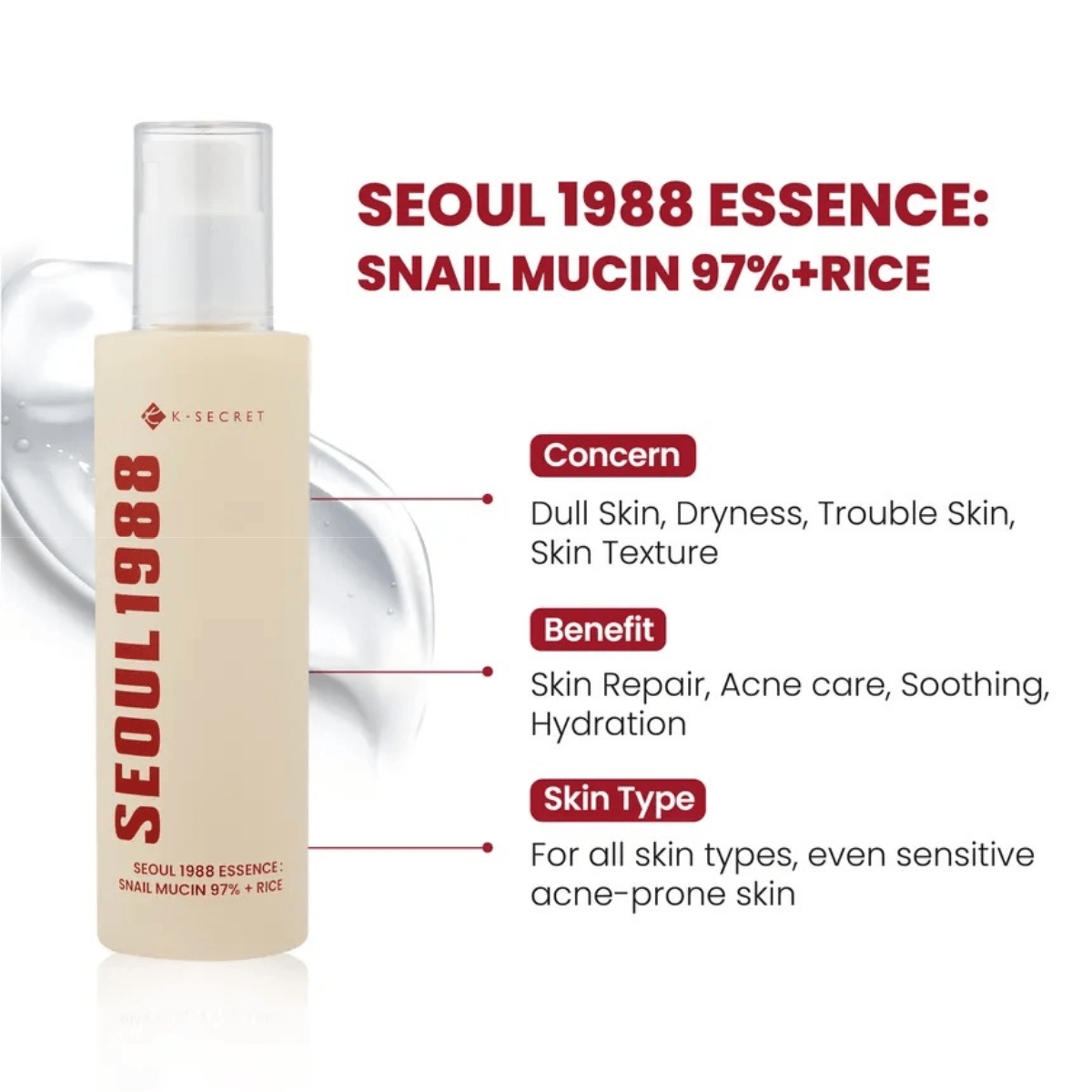 KSECRET Essence 100ml KSECRET SEOUL 1988 Essence : Snail Mucin 97% + Rice