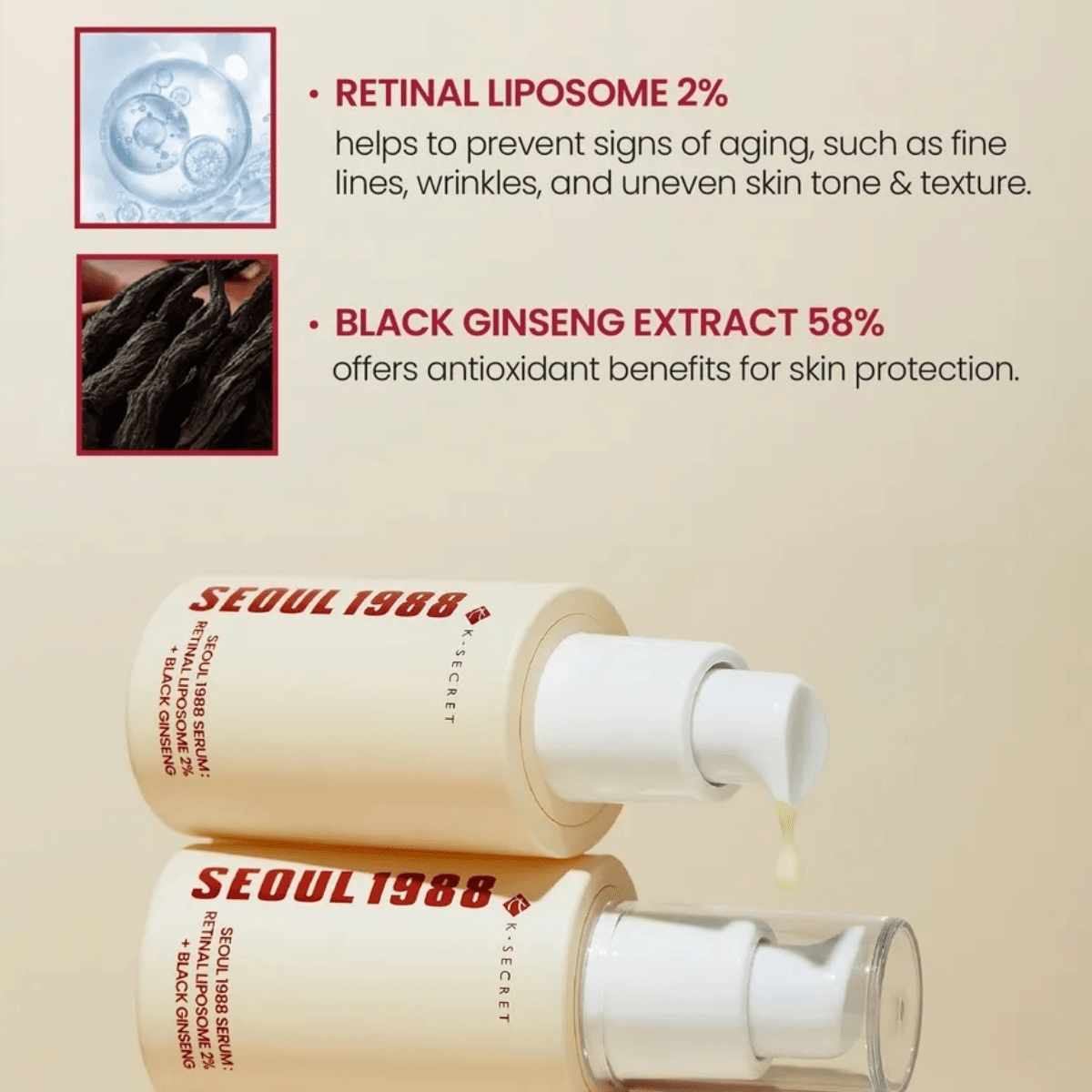 KSECRET Serum 30ml KSECRET SEOUL 1988 Serum : Retinal Liposome 2% + Black Ginseng