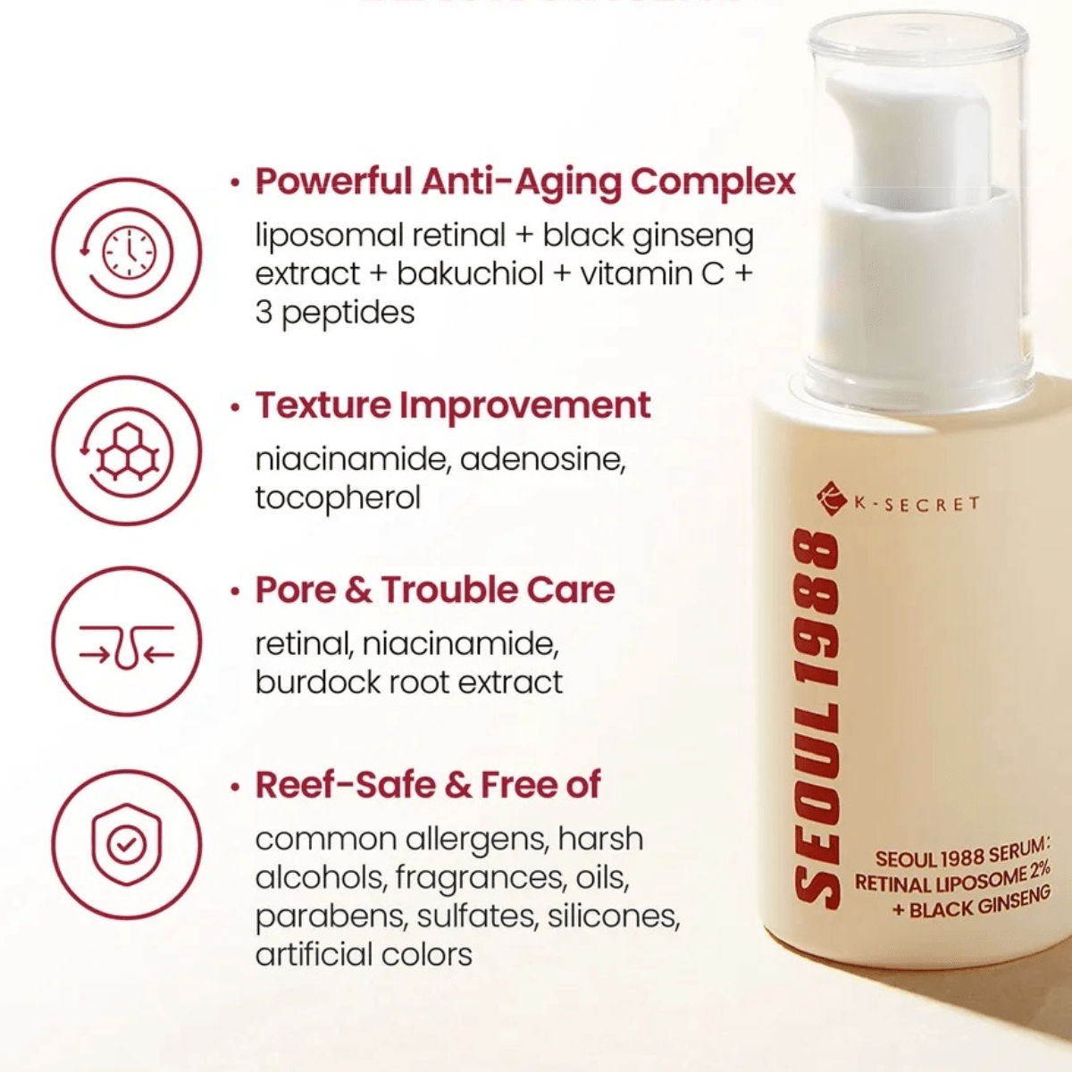 KSECRET Serum 30ml KSECRET SEOUL 1988 Serum : Retinal Liposome 2% + Black Ginseng