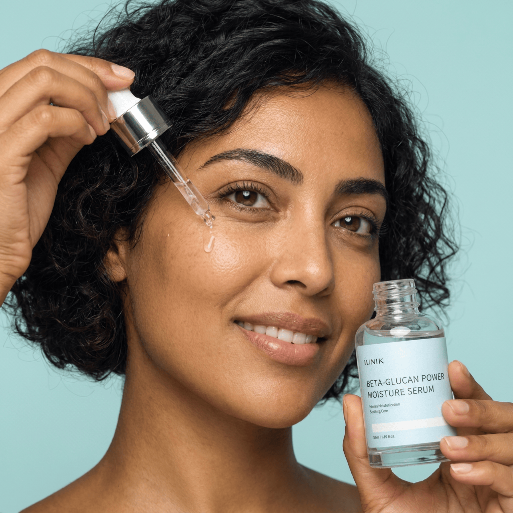 Model Nadia applying serum with a glass dropper — iUNIK Beta-Glucan Power Moisture Serum