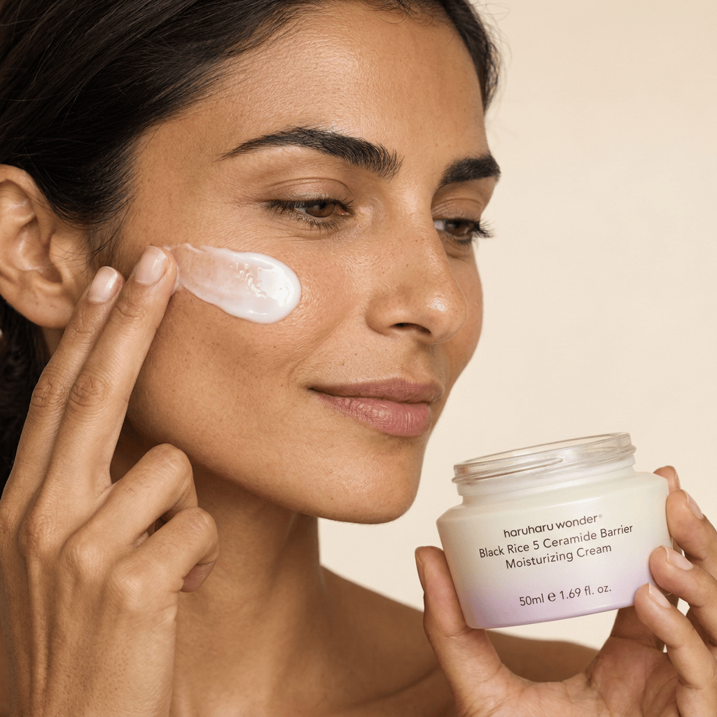 Model Elena pressing cream dots into her cheek — HARUHARU WONDER Black Rice 5 Ceramide Barrier Moisturizing Cream