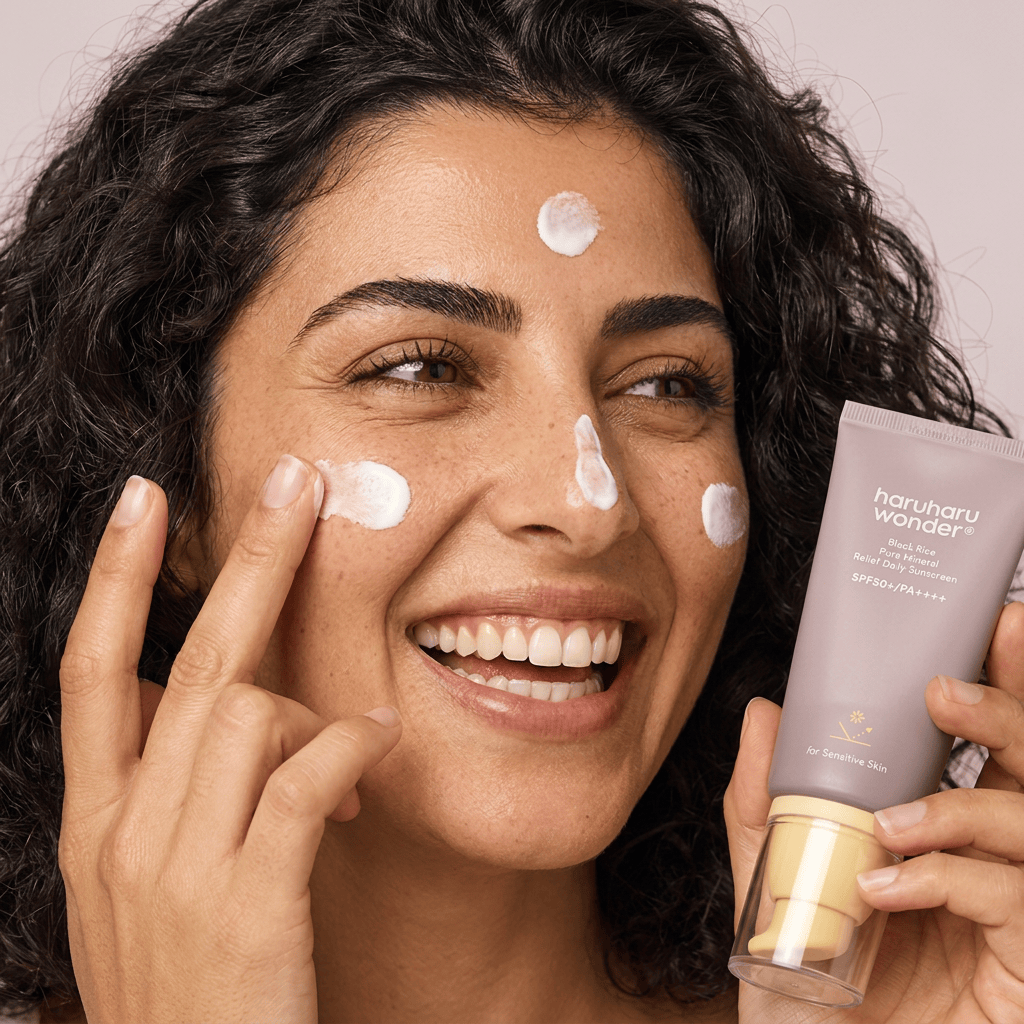 Model Layla blending dots of sunscreen across her face — HARUHARU WONDER Black Rice Pure Mineral Relief Daily Sunscreen SPF50+ PA++++