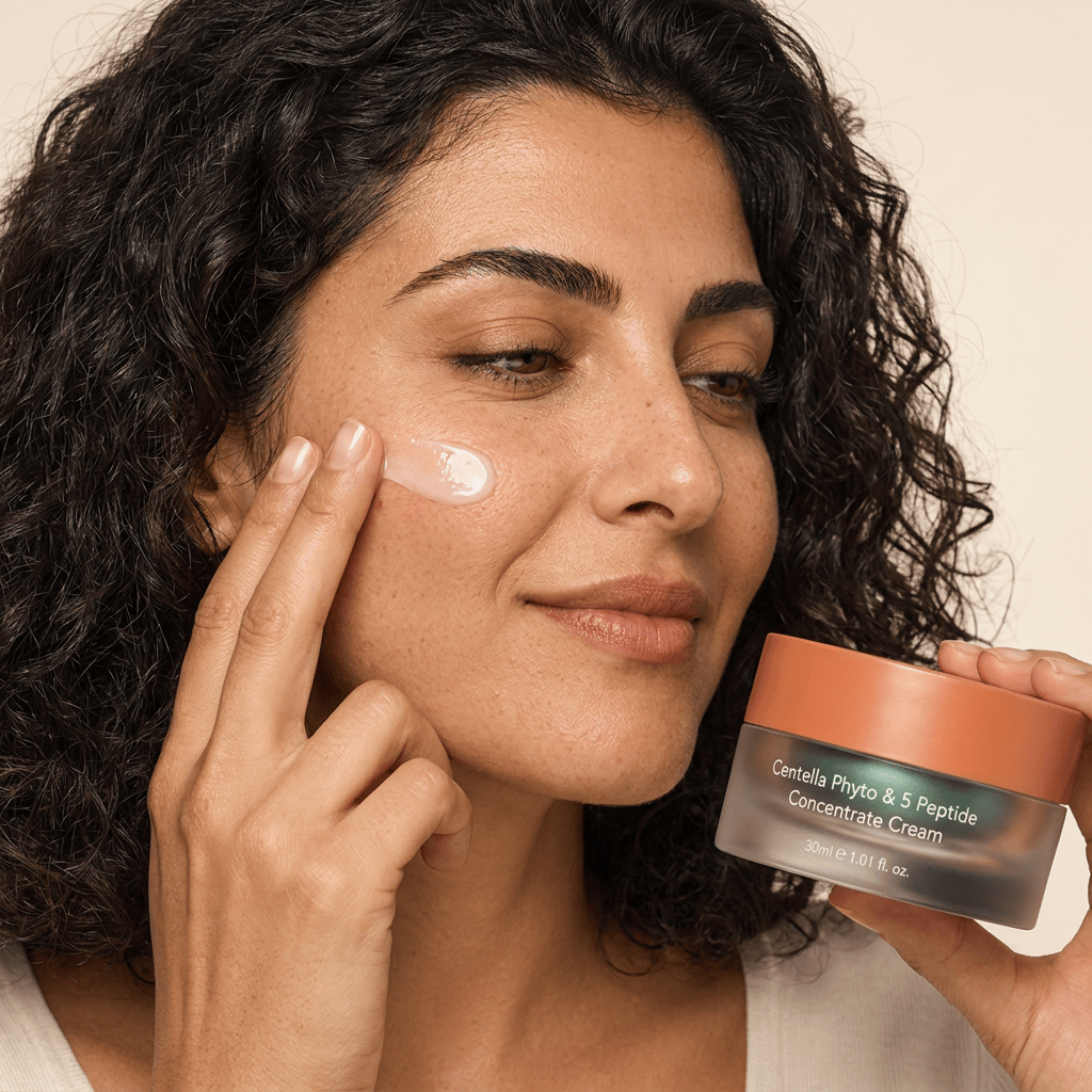 Model Layla pressing cream dots into her cheek — HARUHARU WONDER Centella Phyto & 5 Peptide Concentrate Cream