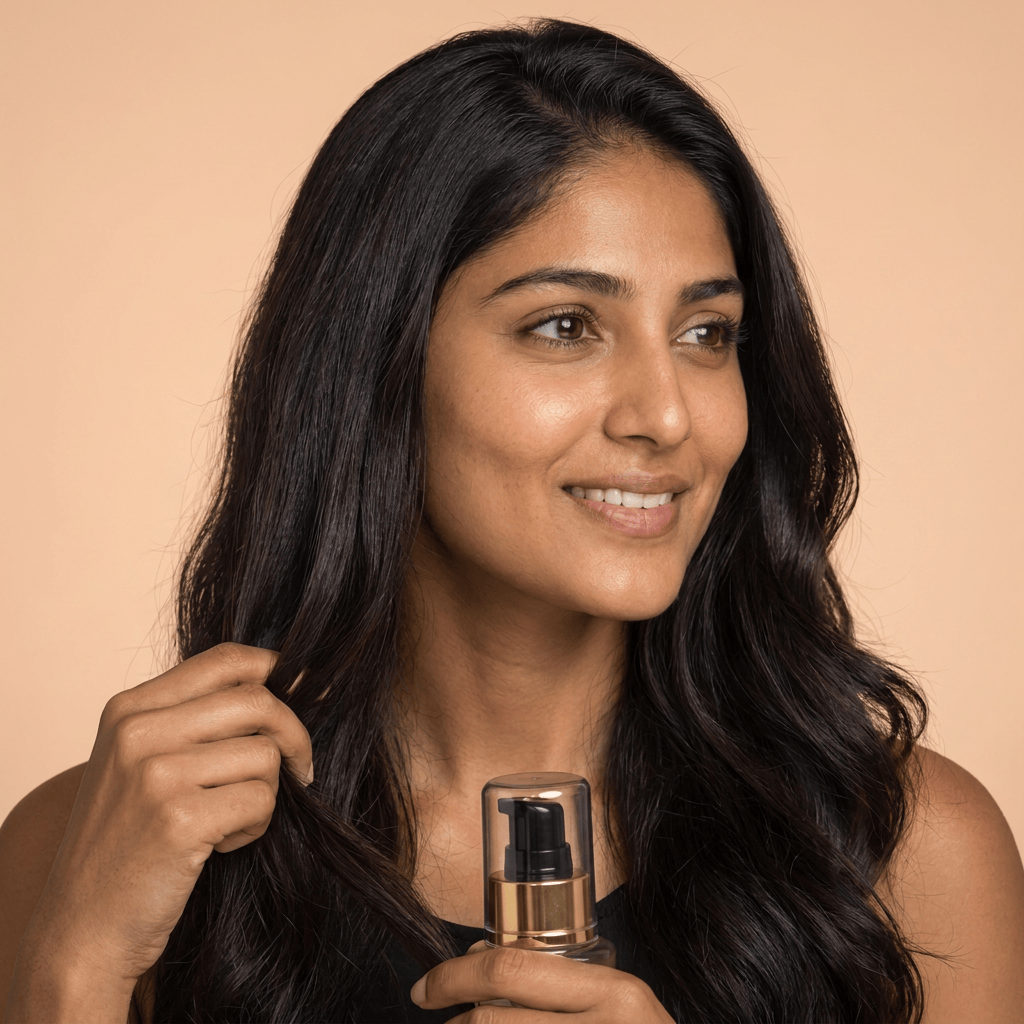 Model Priya working the product through her hair — ELIZAVECCA Cer-100 Hair Muscle Essence Oil