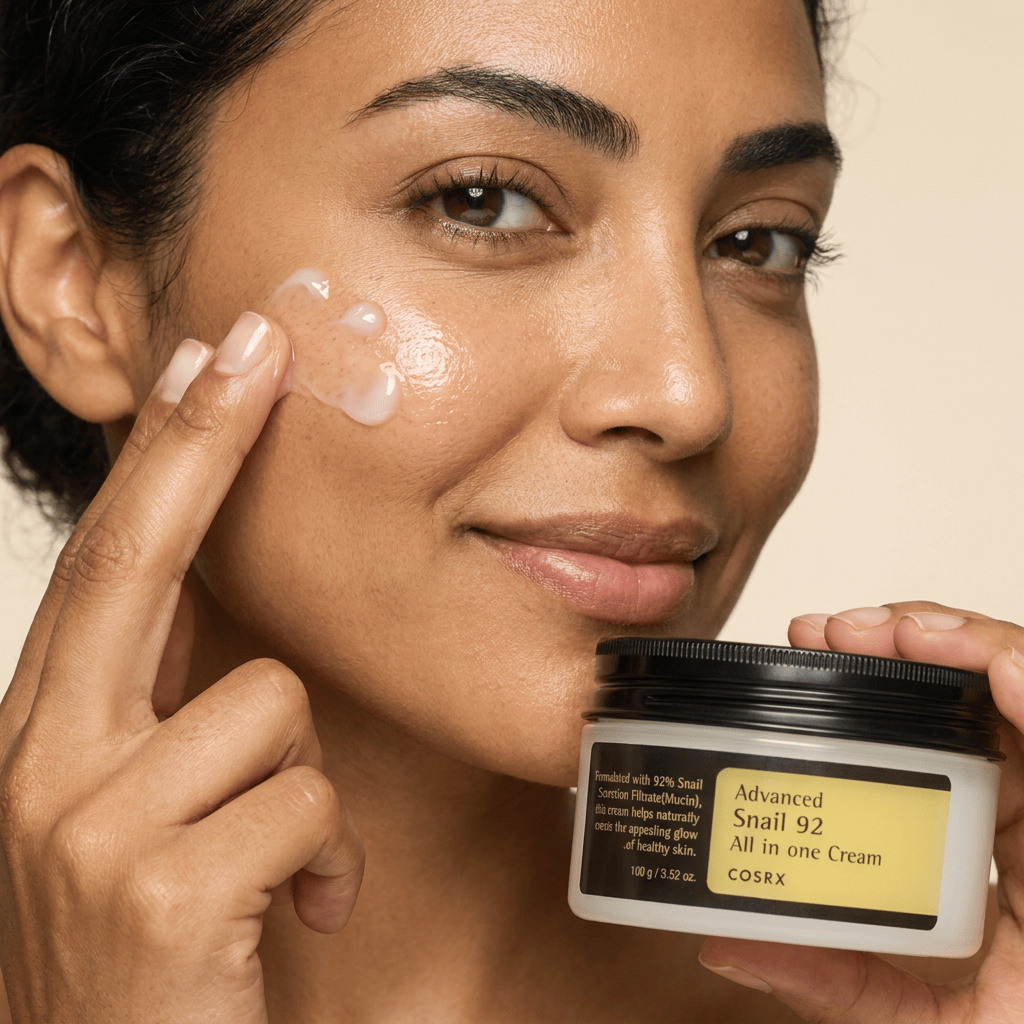 Model Nadia pressing cream dots into her cheek — COSRX Advanced Snail 92 All In One Cream