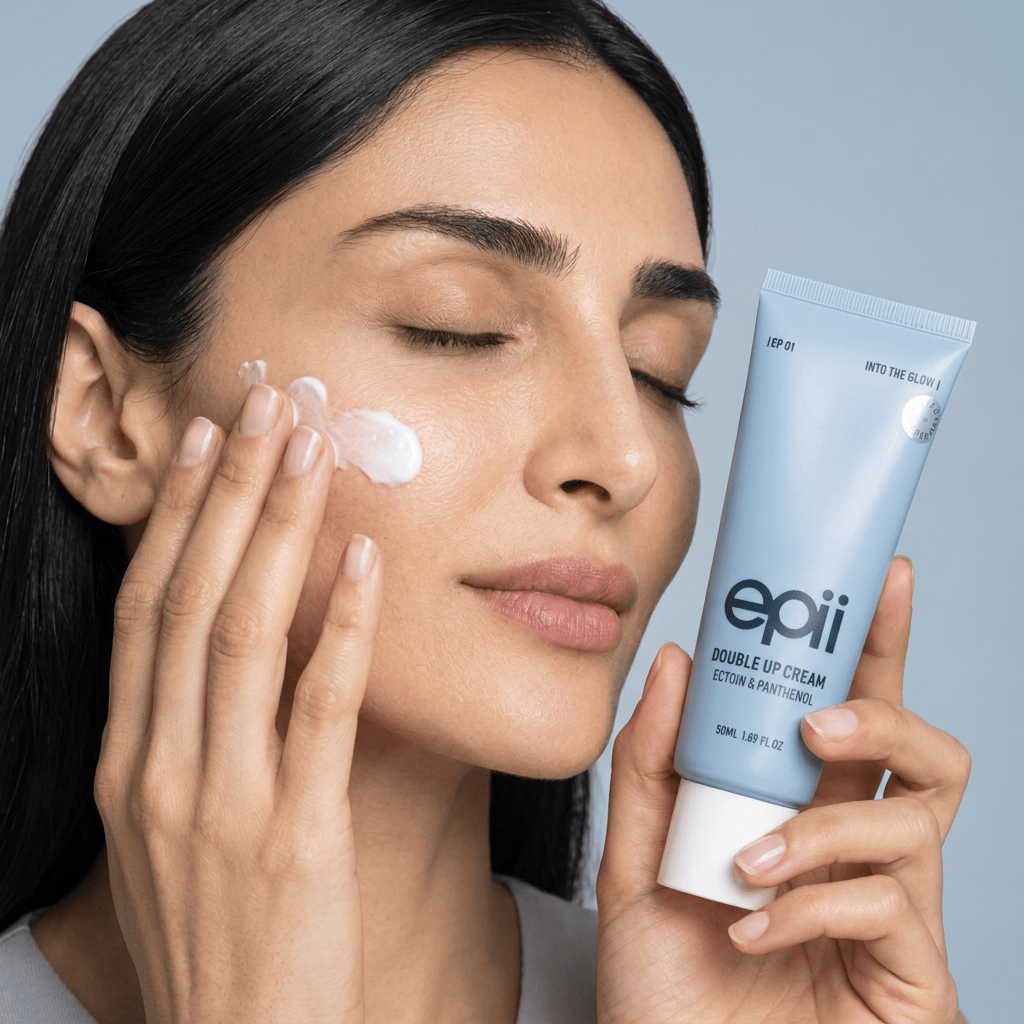 Model Yasmin pressing cream dots into her cheek — EPII Double Up Cream Ectoin & Panthenol