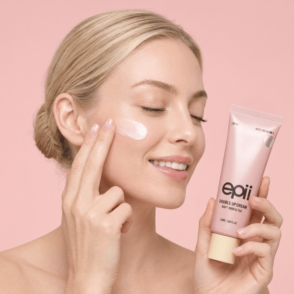 Model Sasha pressing cream dots into her cheek — EPII Double Up Cream NAD+ NMN & TXA