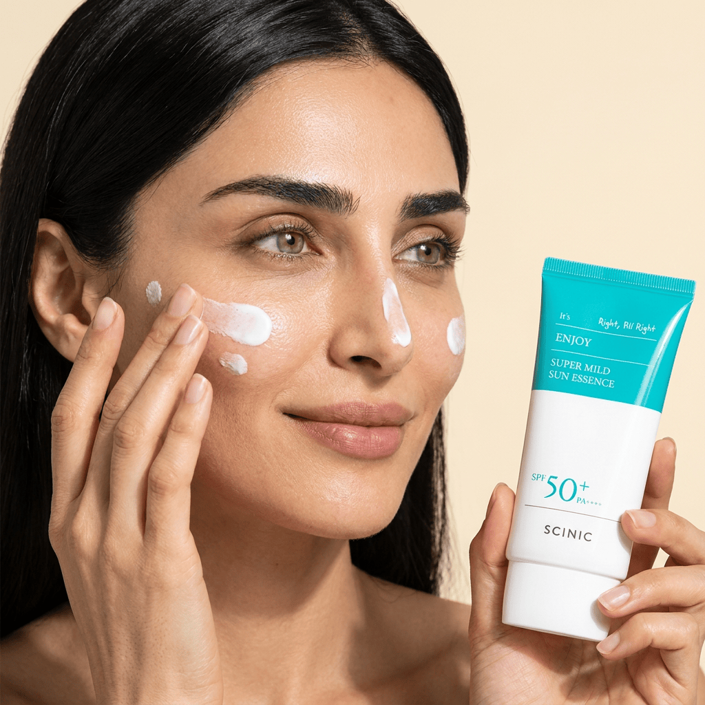 Model Yasmin blending dots of sunscreen across her face — SCINIC Enjoy Super Mild Sun Essence SPF50+ PA++++