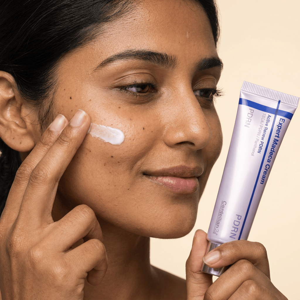 Model Priya pressing cream dots into her cheek — CENTELLIAN24 Expert Madeca Cream Active Renew PDRN