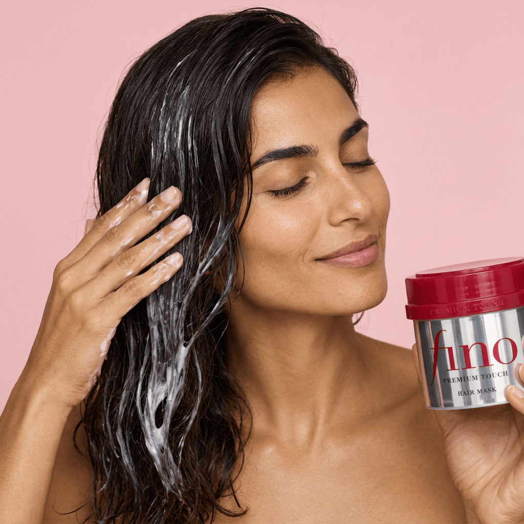 Model Elena working the product through her hair — SHISEIDO Fino Premium Touch Hair Mask