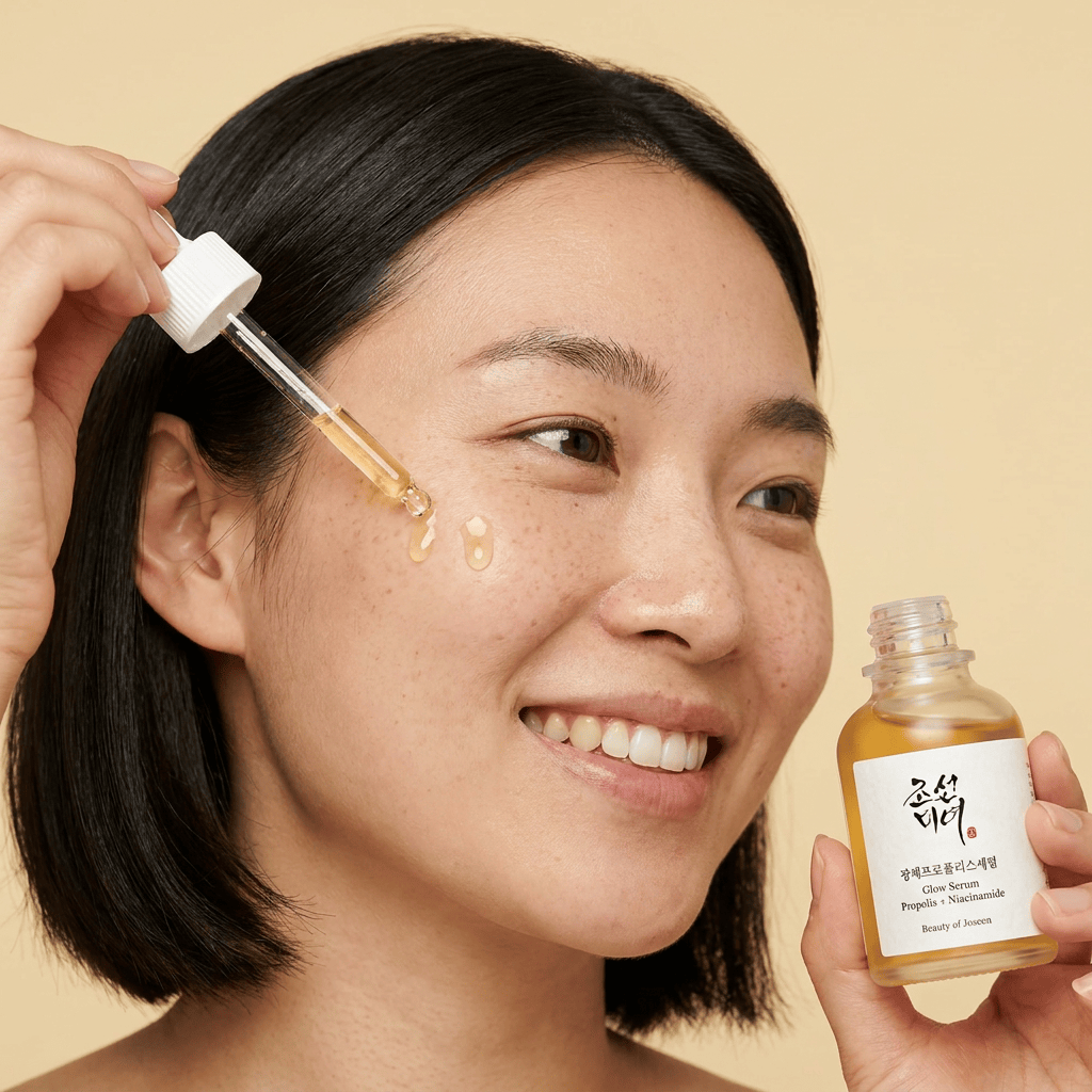 Model Mei applying serum with a glass dropper — Beauty of Joseon Glow Serum: Propolis + Niacinamide