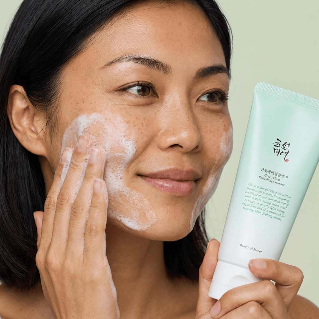 Model Mei cleansing with soft foam — BEAUTY OF JOSEON Green Plum Refreshing Cleanser
