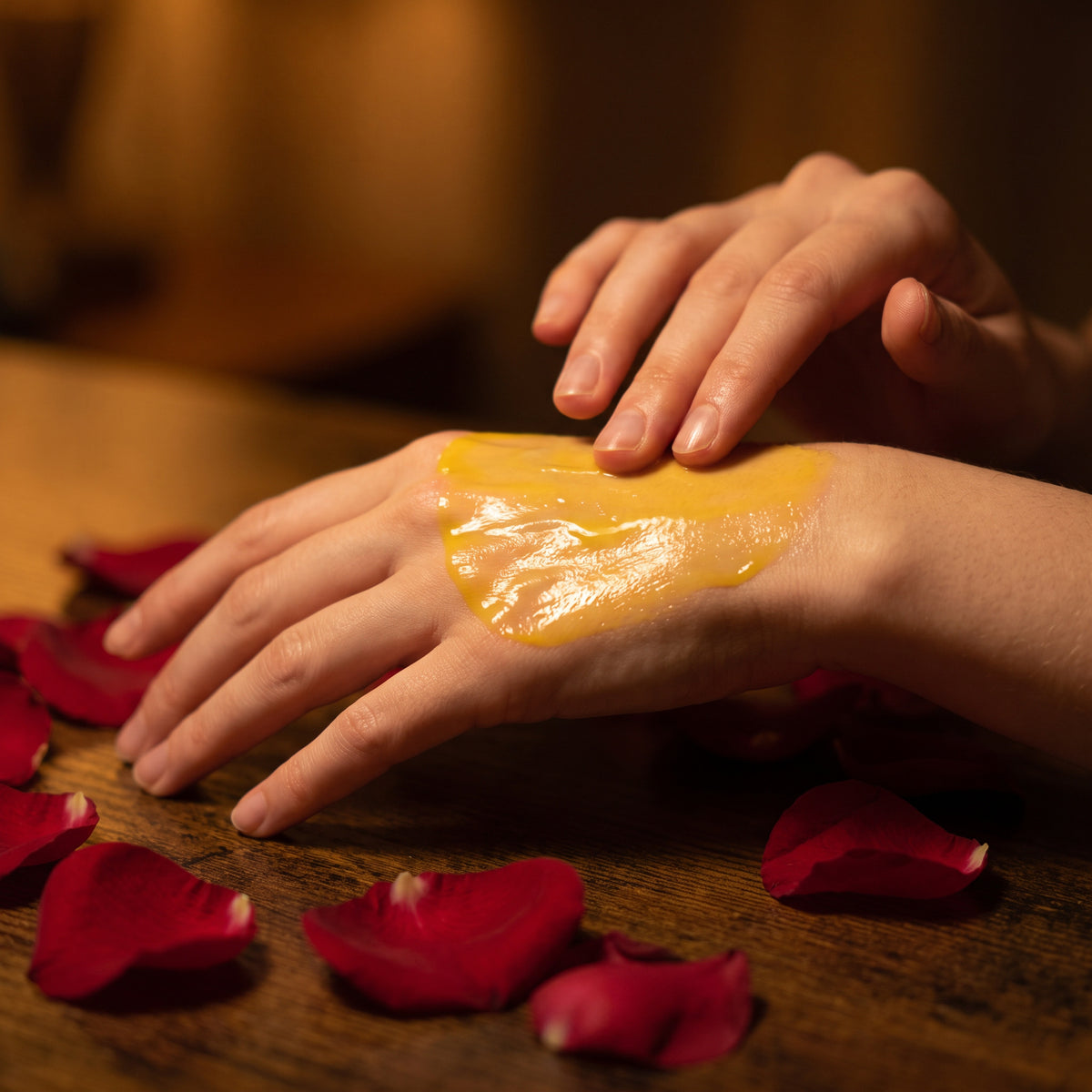 The naturally yellow Rose PDRN firming serum spread over the back of a hand beside deep-red rose petals under low lamplight