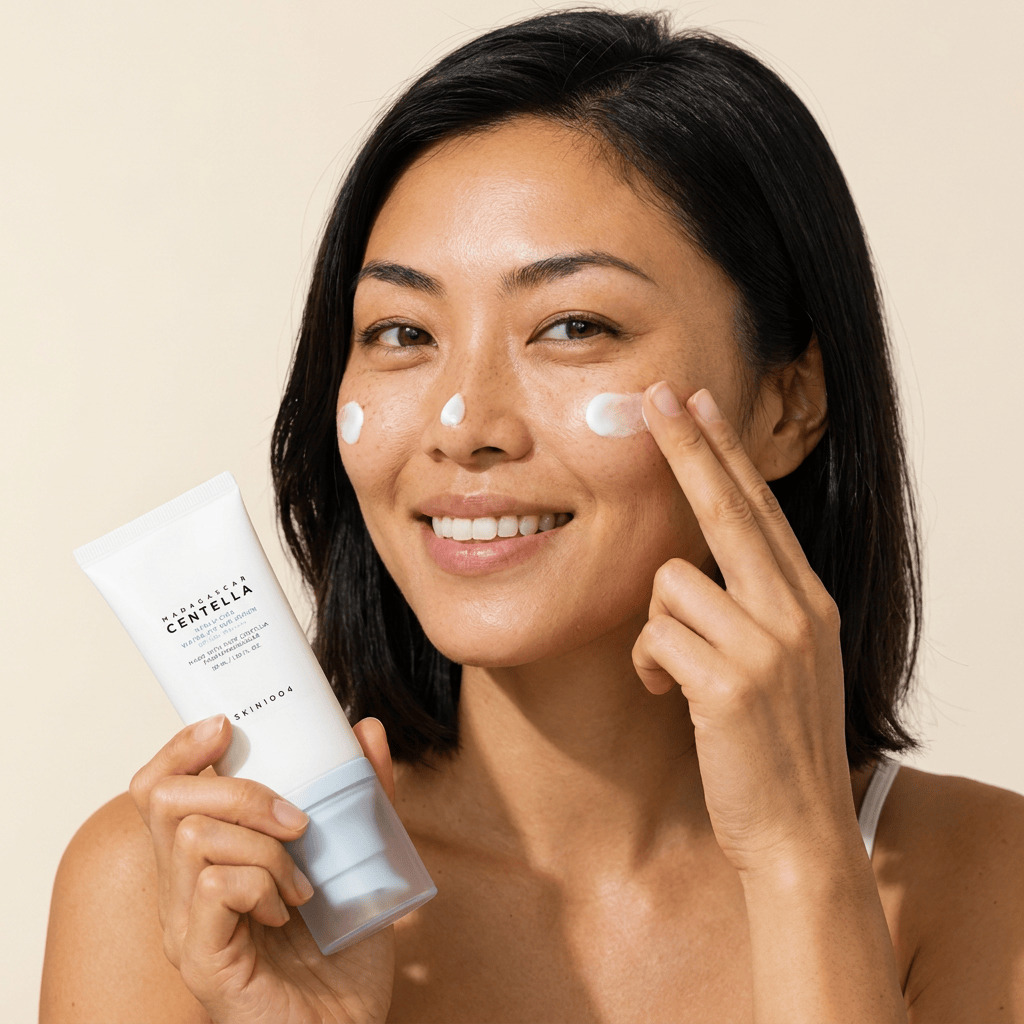 Model Mei blending dots of sunscreen across her face — SKIN1004 Madagascar Centella Hyalu-Cica Water-Fit Sun Serum SPF50+ PA++++