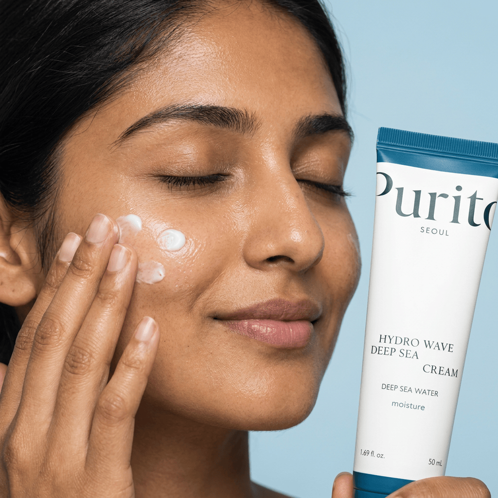 Model Priya pressing cream dots into her cheek — PURITO SEOUL Hydro Wave Deep Sea Cream