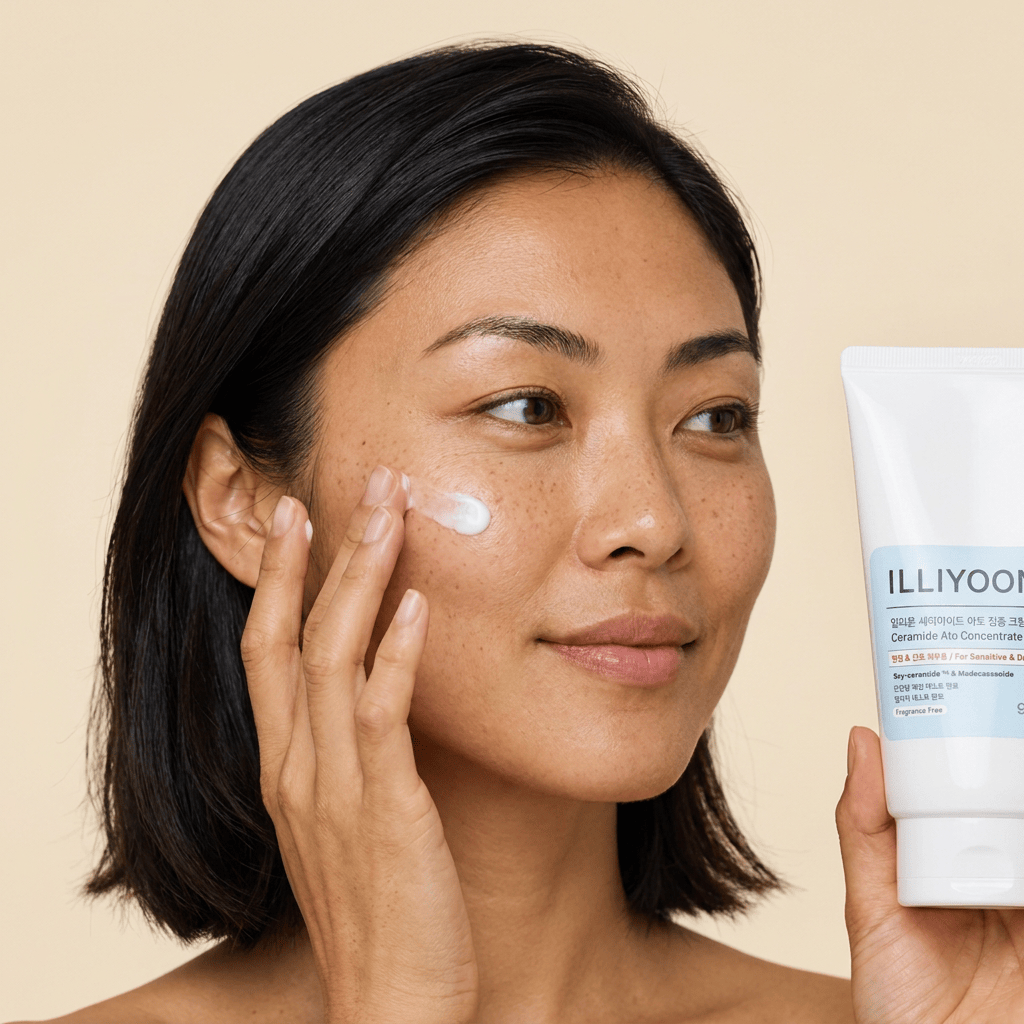 Model Mei pressing cream dots into her cheek — ILLIYOON Ceramide Ato Concentrate Cream