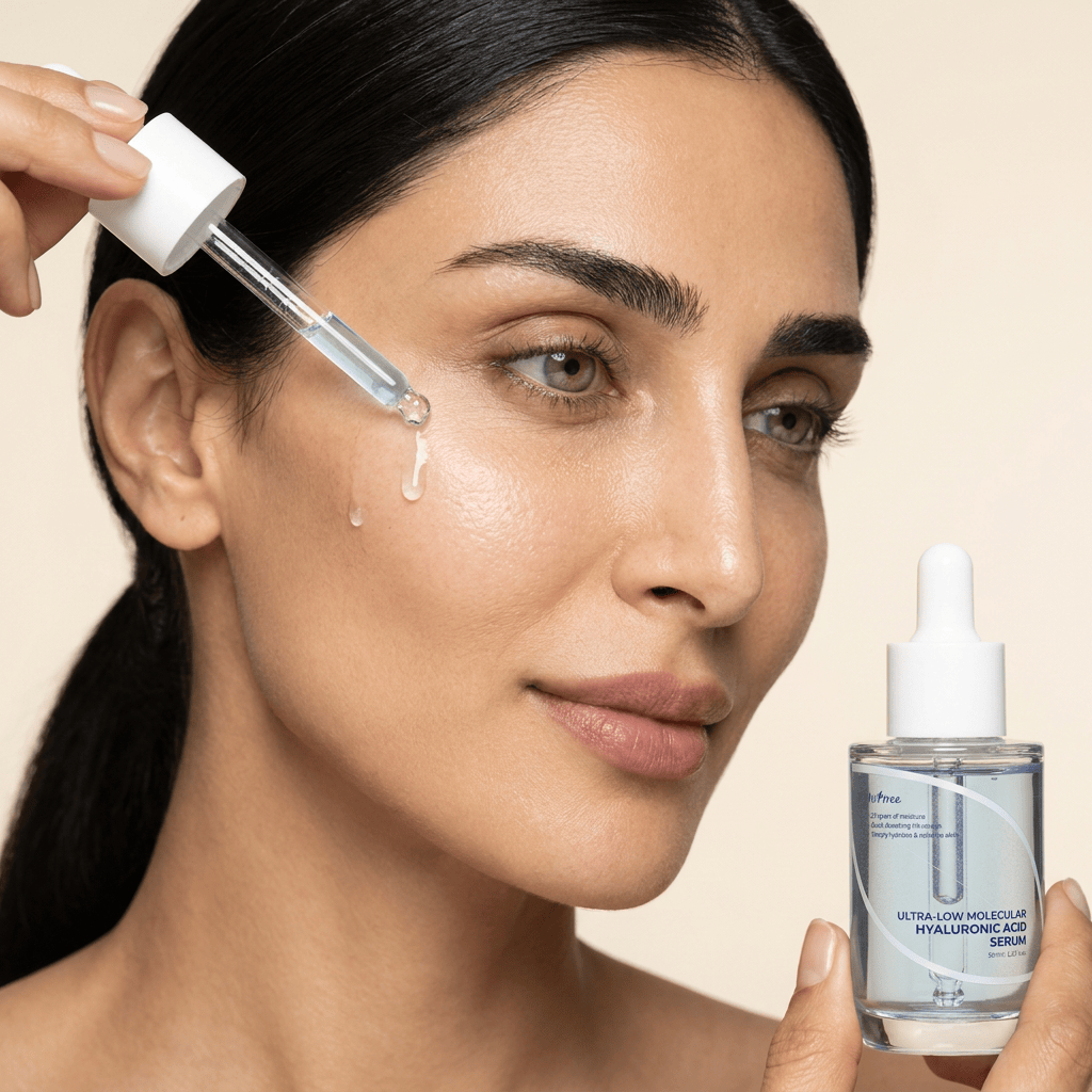 Model Yasmin applying serum with a glass dropper — ISNTREE Ultra-Low Molecular Hyaluronic Acid Serum