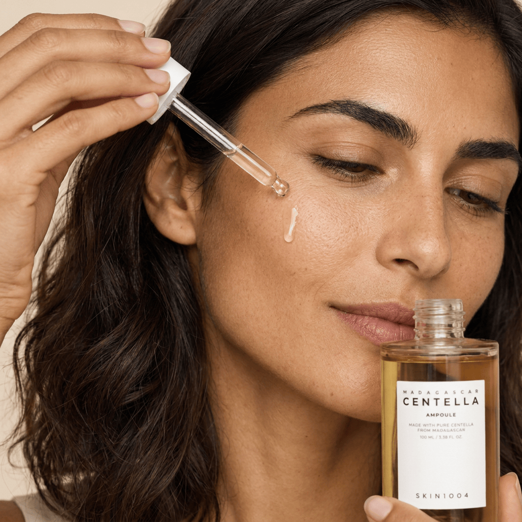 Model Elena applying serum with a glass dropper — SKIN1004 Madagascar Centella Ampoule