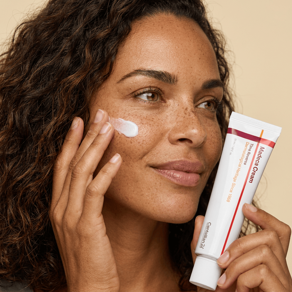 Model Jade pressing cream dots into her cheek — CENTELLIAN24 Madeca Cream Time Reverse