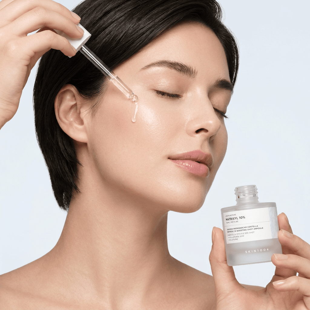 Model Maja applying serum with a glass dropper — SKIN1004 Madagascar Centella Matrixyl 10 Boosting Shot Ampoule