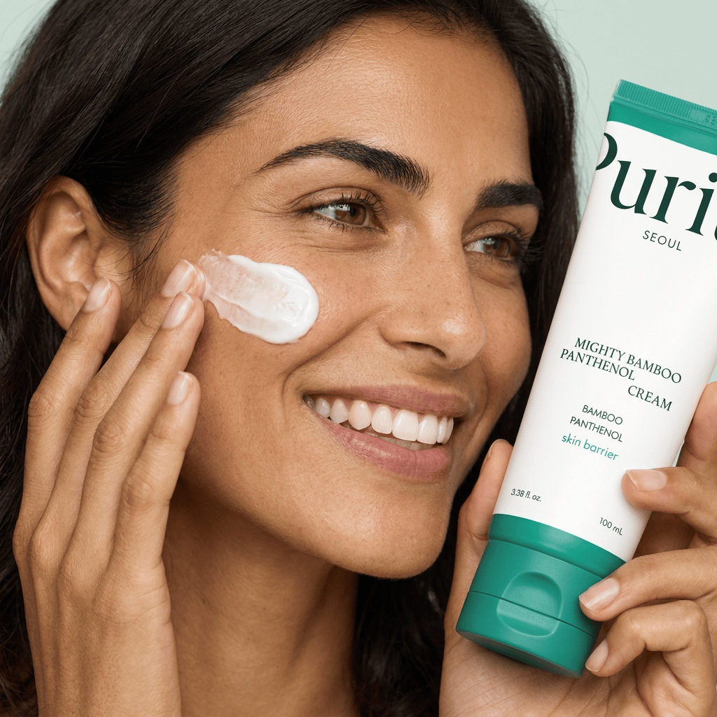 Model Elena pressing cream dots into her cheek — PURITO SEOUL Mighty Bamboo Panthenol Cream