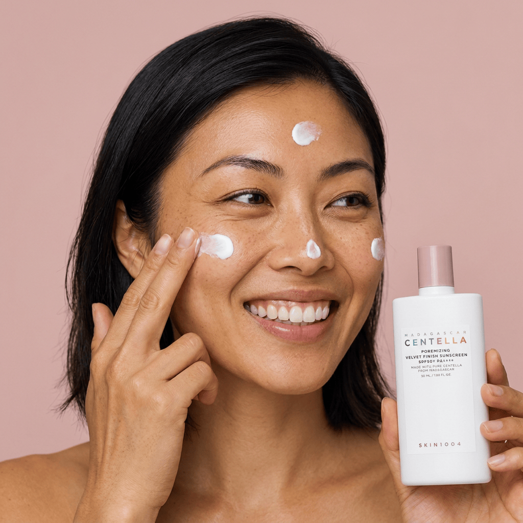 Model Mei blending dots of sunscreen across her face — SKIN1004 Madagascar Centella Poremizing Velvet Finish Sunscreen