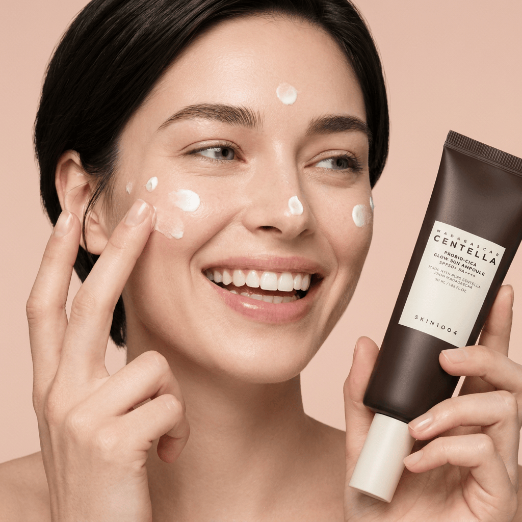 Model Maja blending dots of sunscreen across her face — SKIN1004 Madagascar Centella Probio-Cica Glow Sun Ampoule SPF50+ PA++++