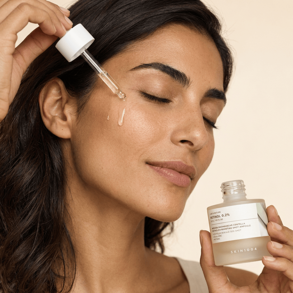 Model Elena applying serum with a glass dropper — SKIN1004 Madagascar Centella Retinol 0.2 Boosting Shot Ampoule