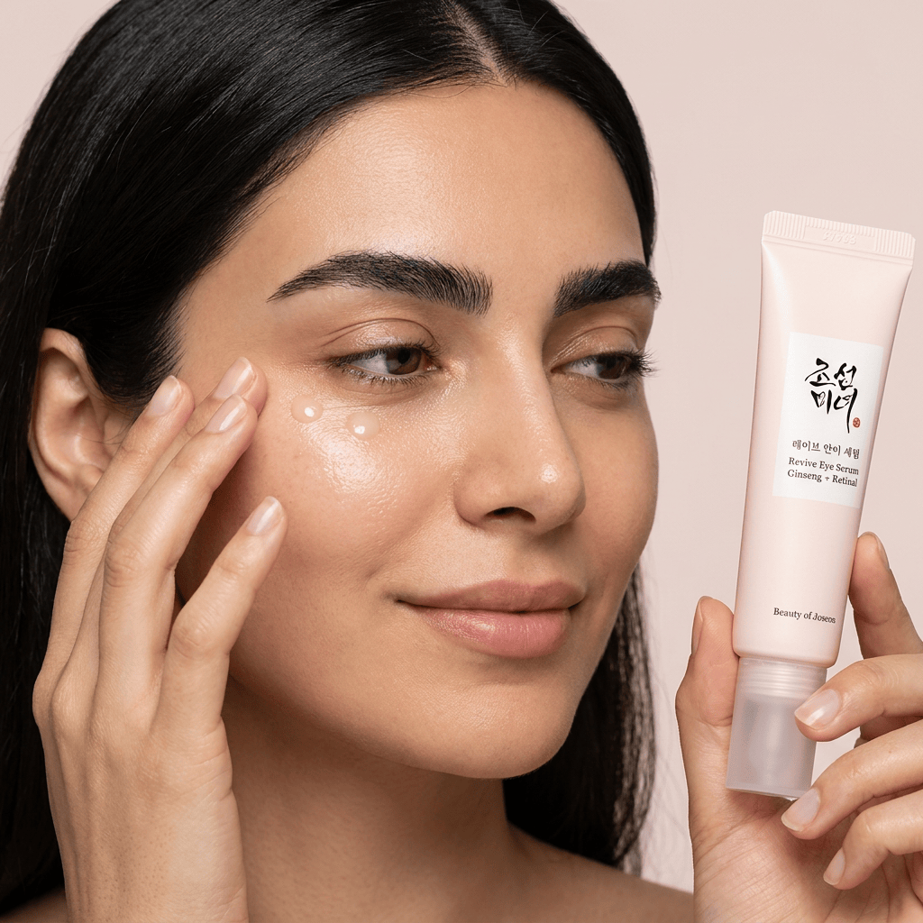 Model Yasmin applying serum with a glass dropper — BEAUTY OF JOSEON Revive Eye Serum: Ginseng + Retinal