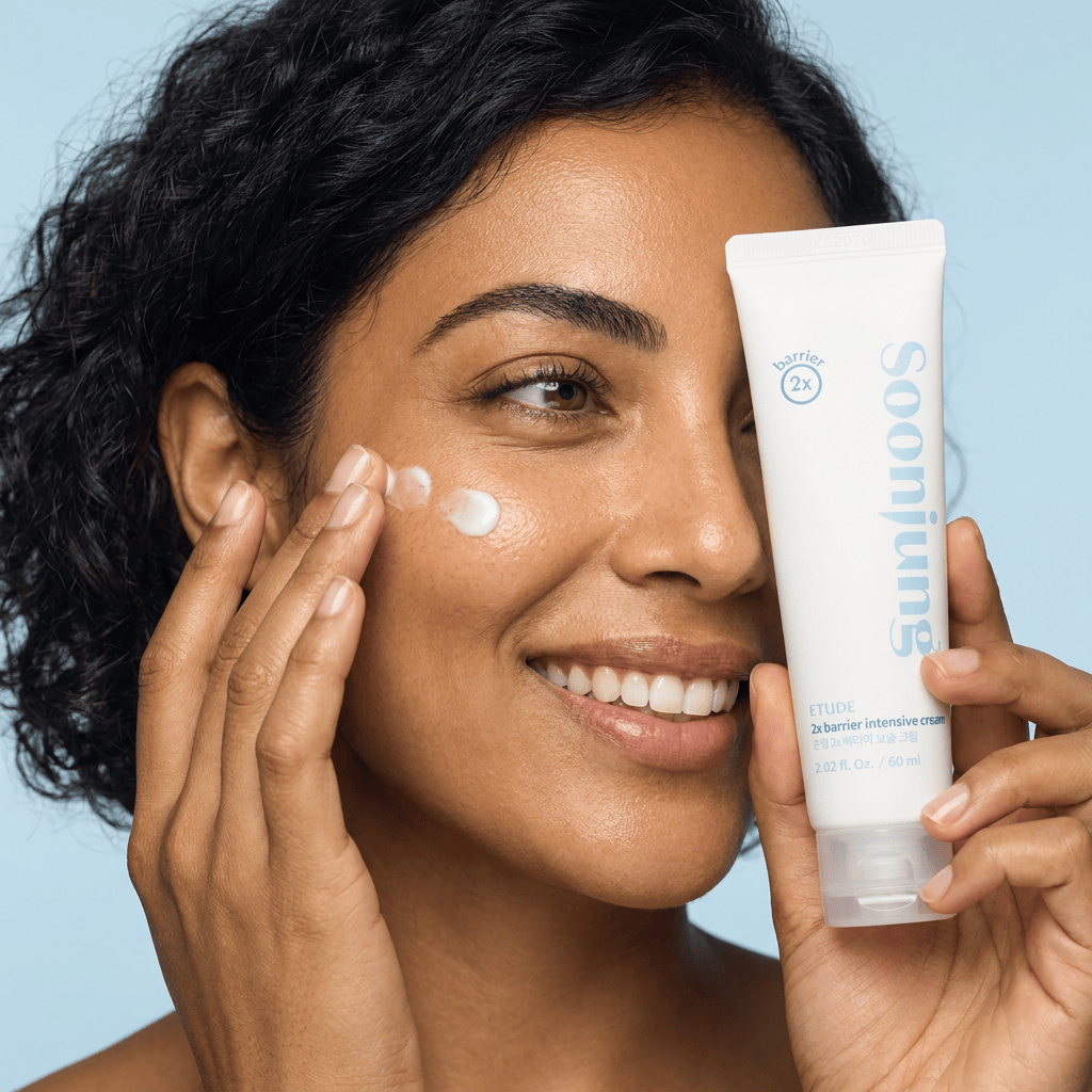 Model Nadia pressing cream dots into her cheek — ETUDE Soon Jung 2x Barrier Intensive Cream