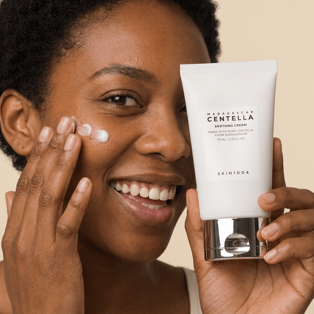 Model Amara pressing cream dots into her cheek — SKIN1004 Madagascar Centella Soothing Cream