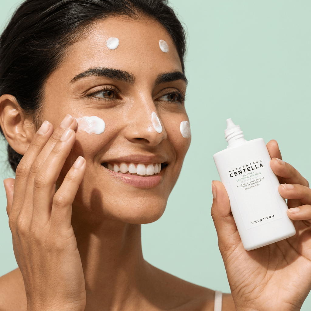 Model Elena blending dots of sunscreen across her face — SKIN1004 Madagascar Centella Tea-Trica Soothing Sun Milk SPF50 PA++++