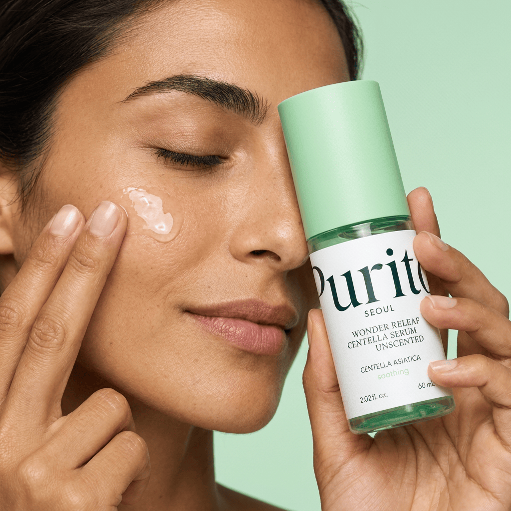 Model Elena applying serum with a glass dropper — PURITO SEOUL Wonder Releaf Centella Serum Unscented
